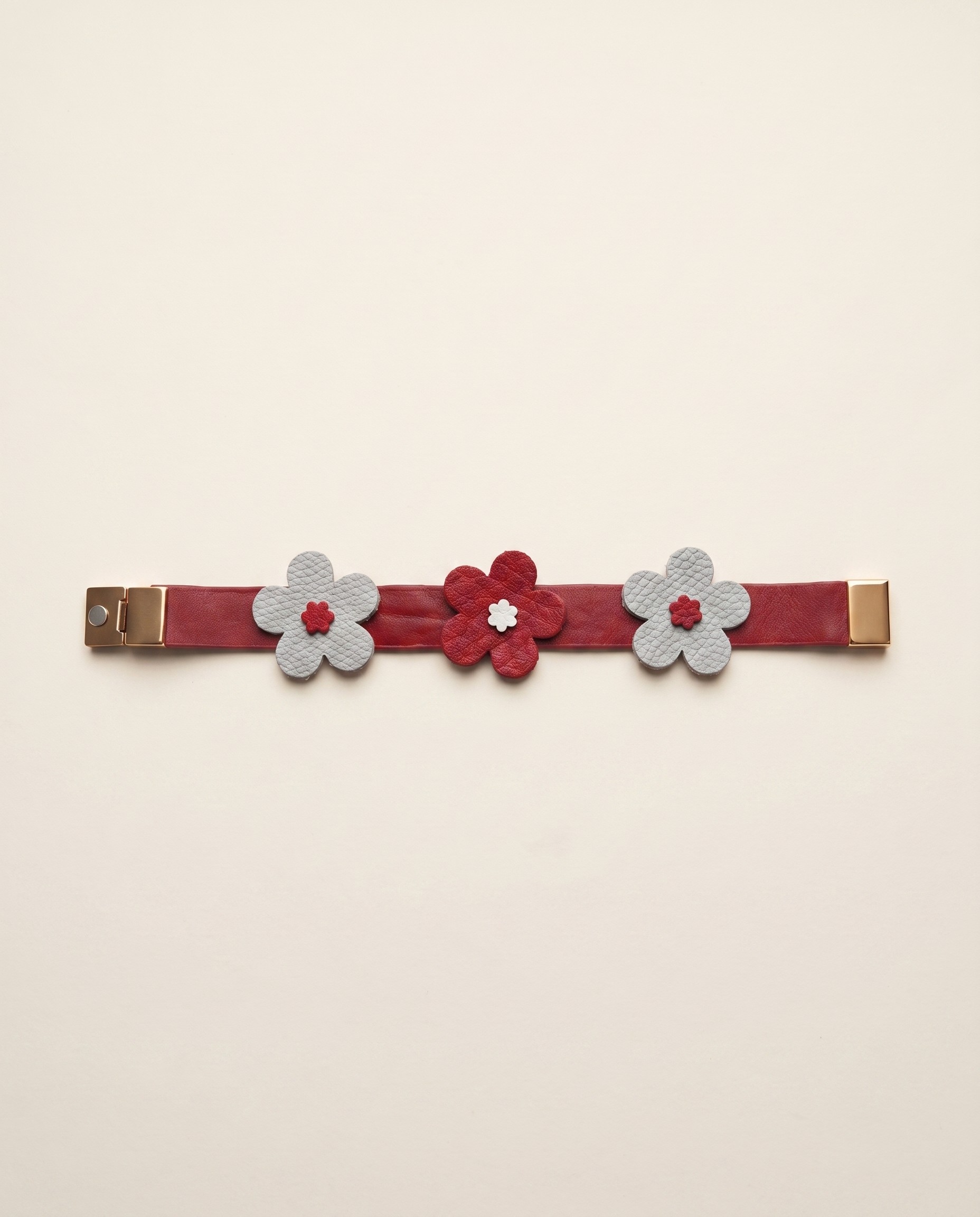Hand-painted red leather floral bracelet with three flower appliques, gold brass closures