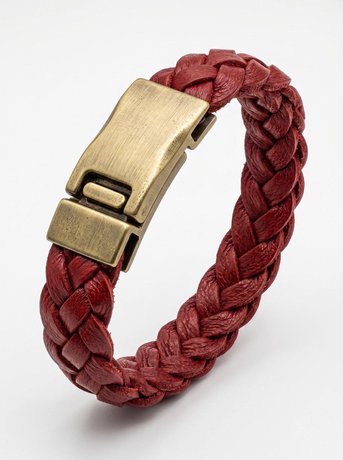 Ruby red braided leather bracelet with antique brass fold-over clasp